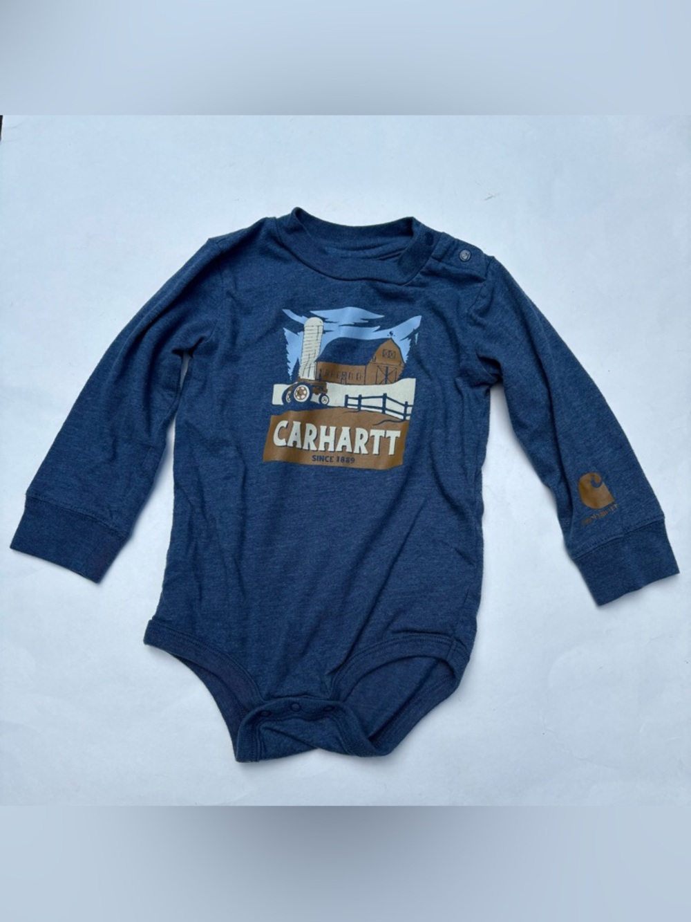 CARHARTT Size 18M Baby Boy Heather Blue Farm Graphic Long Sleeve Bodysuit
